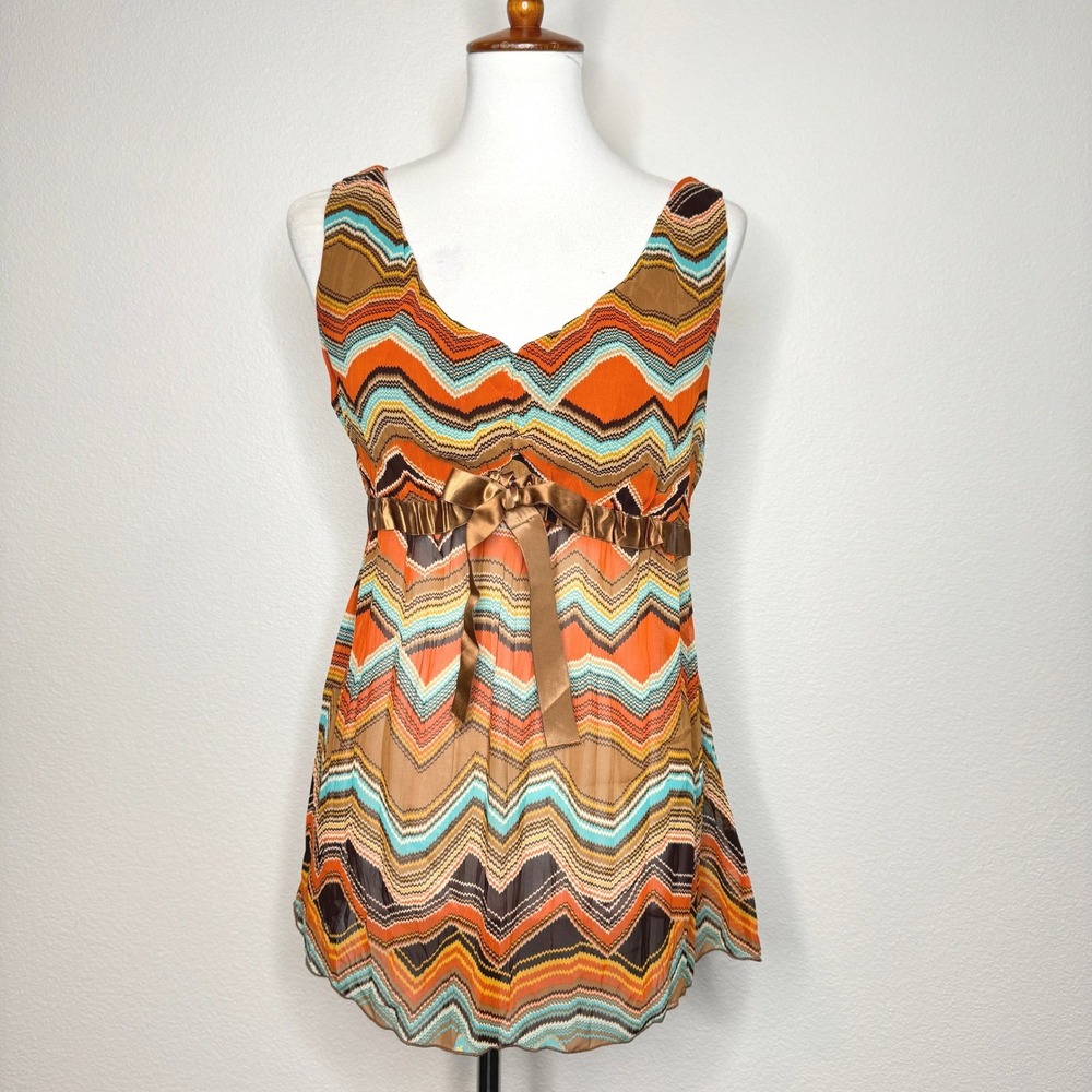 Vtg TWENTY ONE Y2K Babydoll Ikat Zig Zag Design Tank Top Browns Orange Lg V-Neck